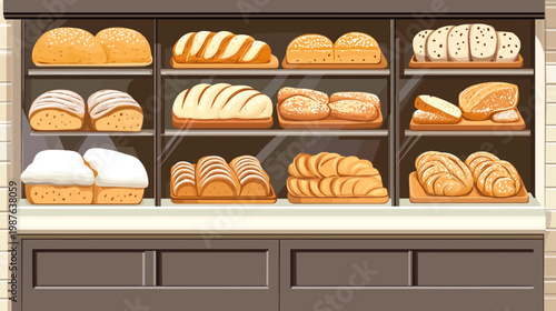 A bakery display case showcases various loaves, rolls, and pastries. Shelves display fresh-baked goods
