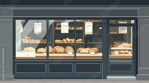 Pixelated artwork depicts a bakery front with bread loaves in display