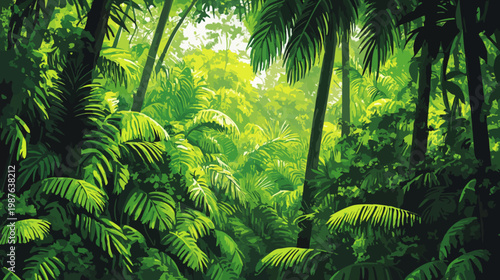 A stylized illustration showcases a verdant jungle scene, with lush foliage and dappled sunlight