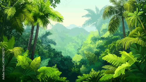 A vibrant digital painting of a lush rainforest scene, abundant with green foliage and tall trees