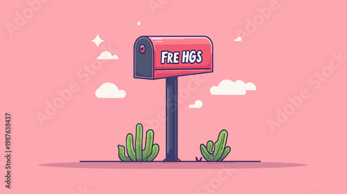 A cartoonish mailbox stands against a pink sky with clouds, plants, and a single star