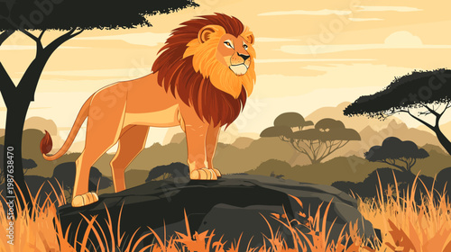 A majestic lion stands atop a rock formation, surveying the savannah landscape