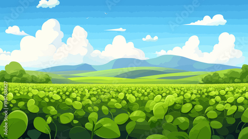 A vibrant pixelated illustration of a sunny day with green fields, clouds, and rolling hills