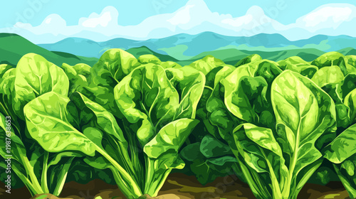 Digitized illustration of vibrant green spinach plants growing in a field with a mountain backdrop
