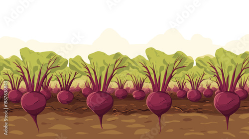Pixelated artwork depicts a field of beets in a stylized, illustrative manner. The vegetables are in focus