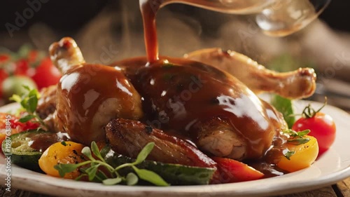 Close-up of roasted chicken being glazed with savory sauce, served with roasted vegetables on a plate