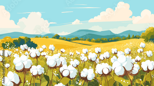 A stylized illustration of a field of cotton with a mountainous background and blue sky