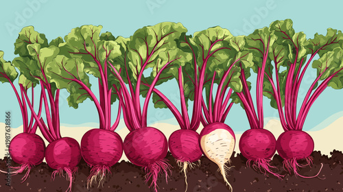 A stylized illustration depicting a row of fresh, red beets growing in the soil with leafy green tops