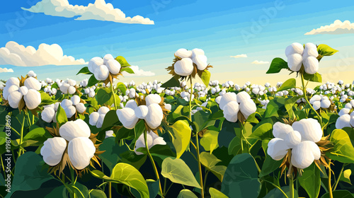 Pixelated artwork depicts a field of fluffy cotton plants under a bright blue sky with clouds