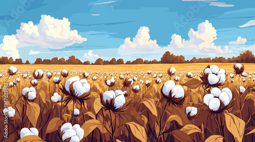 Digitally painted cotton field in a sunny landscape, with fluffy clouds and blue skies