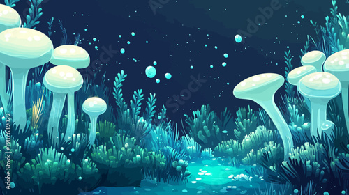 A luminescent underwater scene depicting giant glowing mushrooms amidst vibrant teal flora, bubbles