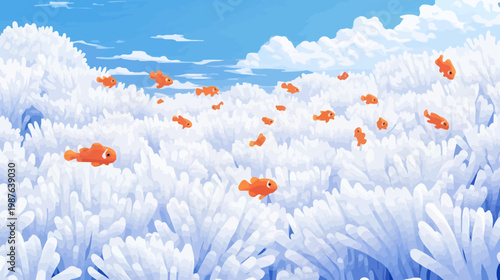 A stylized pixel art scene depicts orange fish swimming amongst white, coral-like structures under a blue sky