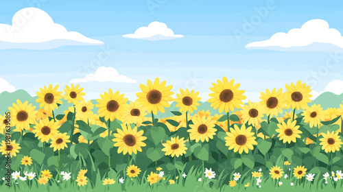 A vibrant, cartoon illustration of a field of sunflowers under a bright, sunny sky