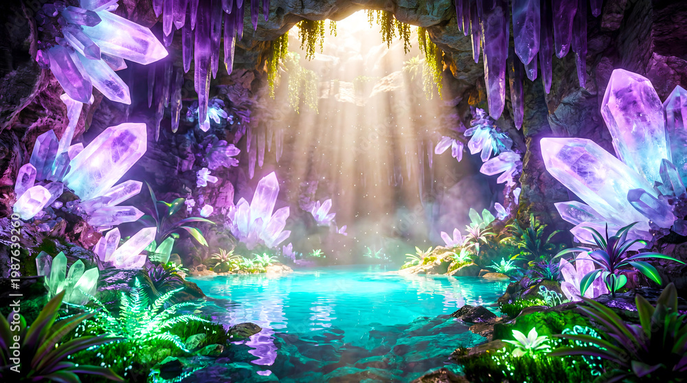 Fototapeta premium 3d Dreamy Fantasy Cave with Giant Glowing Purple Amethyst Crystals and Sunbeams Over a Turquoise Pool