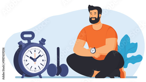 A man is sitting and looking at his watch, next to a stopwatch and some weights and a blue plant