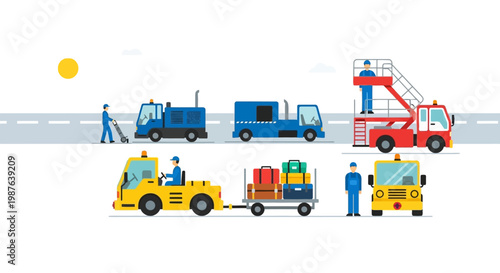 Airport Ground Support Equipment and Service Vehicles with Personnel Vector Illustration