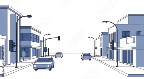 Minimalist Urban City Street Illustration with Cars and Buildings in Blue Line Art Style