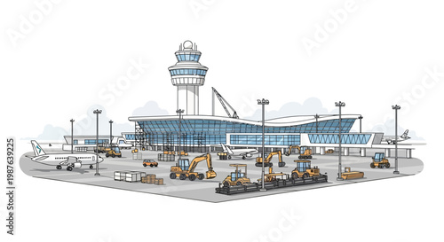 Modern Airport Terminal Construction and Logistics Hub Illustration with Control Tower, Airplanes, and Ground Support Equipment