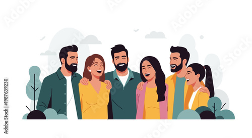 Diverse Group of Happy Young Adults Laughing and Hugging - Flat Vector Illustration of Friends, Community, Inclusion, and Positive Teamwork