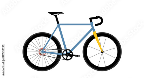 Flat Vector Illustration of a Modern Road Bicycle with Blue Frame and Yellow Fork Isolated on White Background