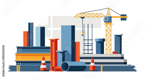 Flat Vector Illustration of an Industrial Construction Site with a Tower Crane, Steel Beams, Pipes, and Building Materials Isolated on White Background