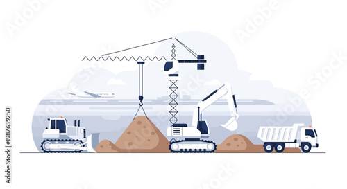 Industrial Airport Construction Site Vector Illustration with Heavy Machinery, Crane, Excavator, Bulldozer, and Dump Truck