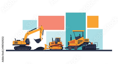 Heavy Construction Equipment Vector Illustration with Excavator, Bulldozer, and Asphalt Paver on Abstract Geometric Background