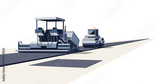 Road Construction Machinery Illustration: Asphalt Paver and Road Roller Building New Highway Pavement