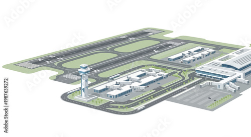 Modern Isometric Airport Terminal Illustration with Runway, Control Tower, and Hangars on White Background
