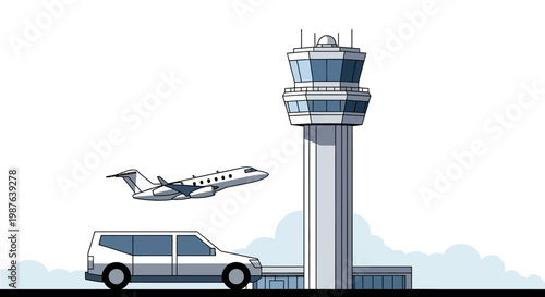 Vector illustration of a private jet airplane taking off from an airport terminal with a control tower and ground transport vehicle on a white background.