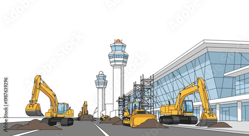 Airport Infrastructure Expansion and Construction Site with Heavy Machinery and Terminal Building Illustration