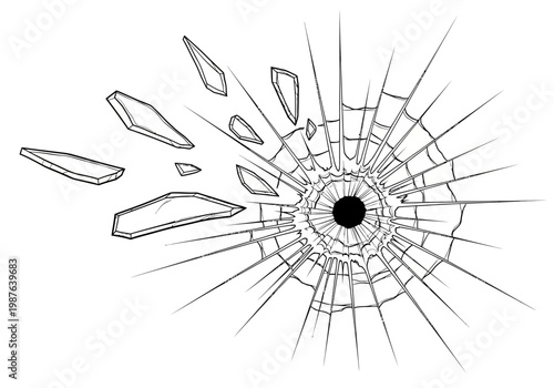 Abstract shattered glass effect vector illustration of a broken window with fragments flying out