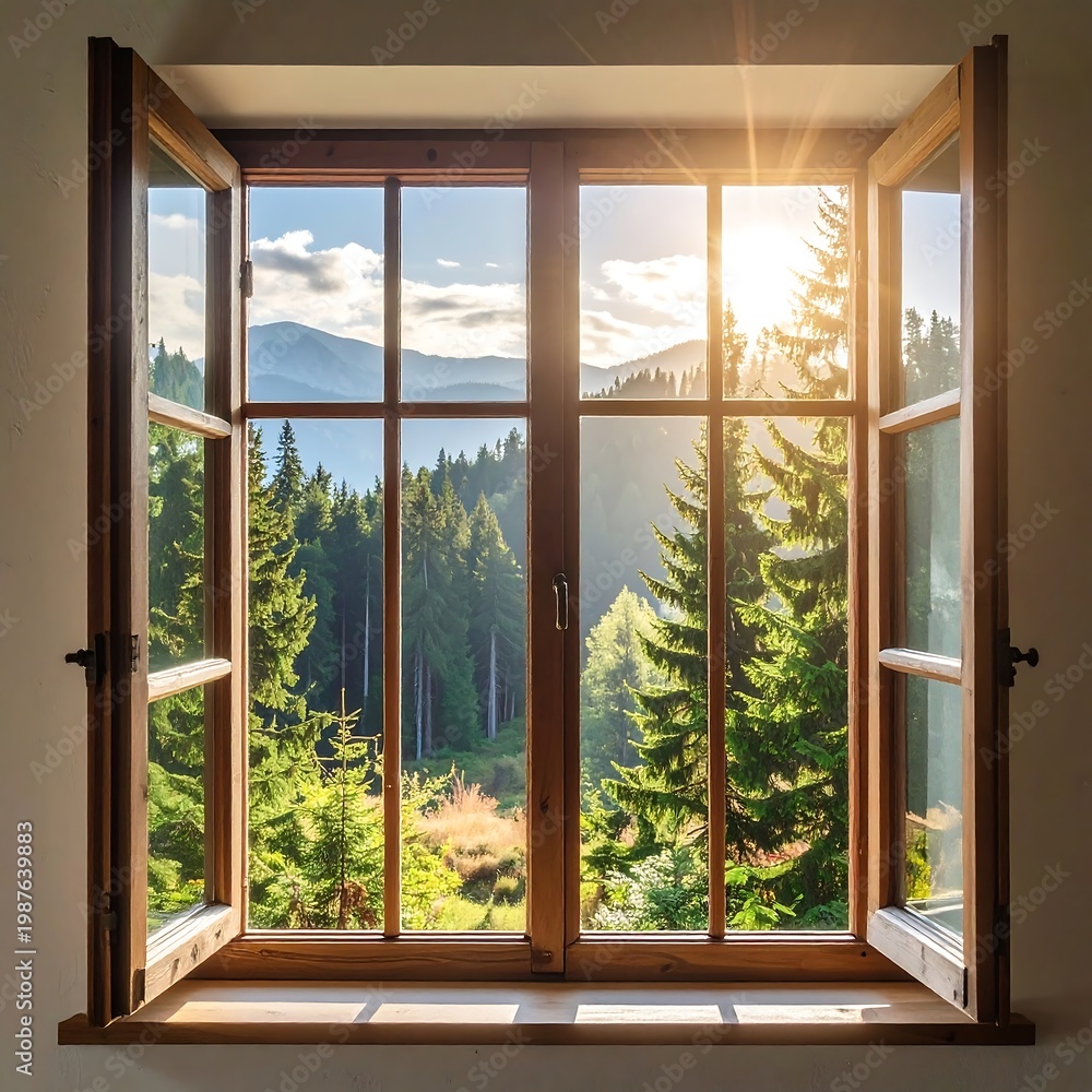 Fototapeta premium An opened wooden window frames a sunlit vista of mountains and evergreen trees, bathed in a bright morning glow