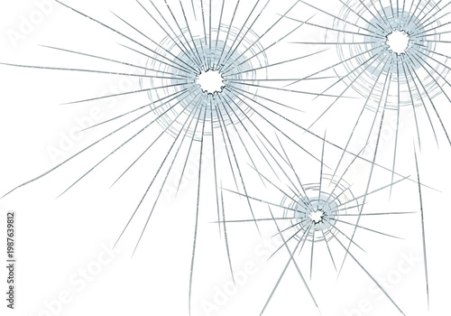 Vector illustration of shattered glass with three distinct impact points on white background