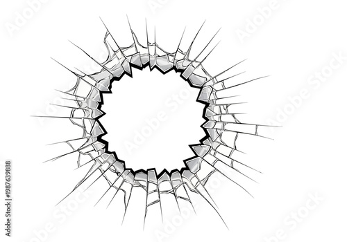Vector illustration of a cracked glass effect, a circular hole with sharp fragments