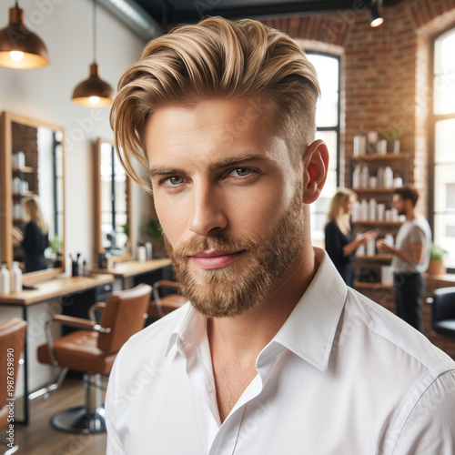 Blond handsome man posing in a barber shop