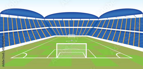 Modern football stadium grandstands with blue and yellow seats, green grass field and goals, vast sports venue architecture for major championship game, spectator seating.
