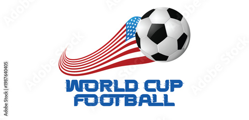 World cup football text with american flag swoosh and soccer ball emblem, symbol representing global championship event celebrating sport and national pride.