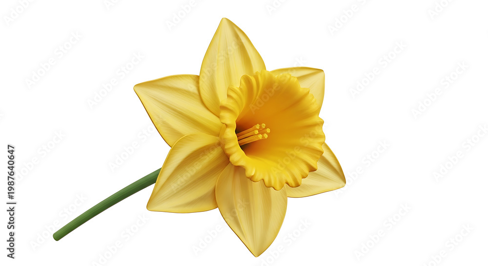 Obraz premium Isolated yellow daffodil flower with green stem, delicate petals and trumpet-shaped corona, symbolizing spring and new beginnings, perfect for nature and floral designs