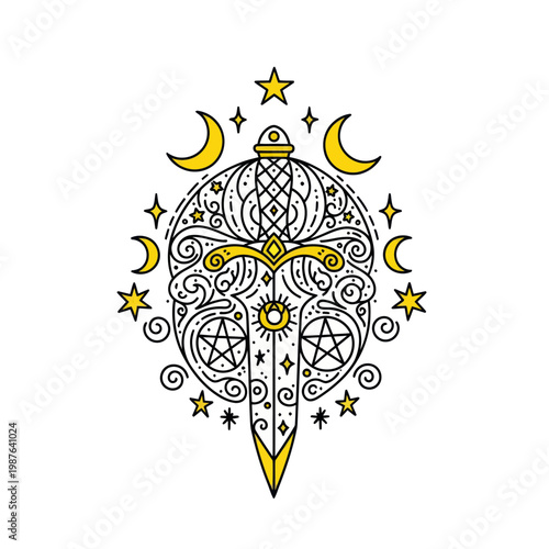 Mystical Dagger Celestial Ornate Design with Moon and Stars