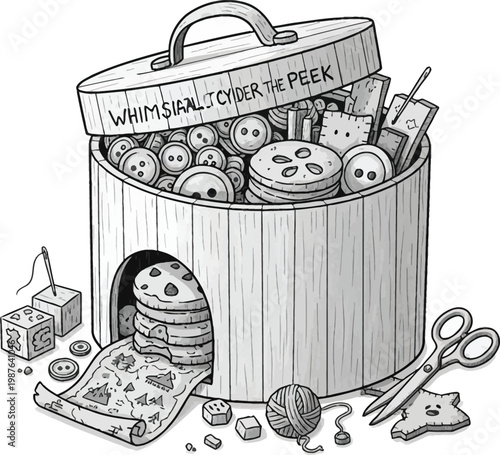 Black and white illustration of a whimsical sewing box filled with buttons and sewing supplies.