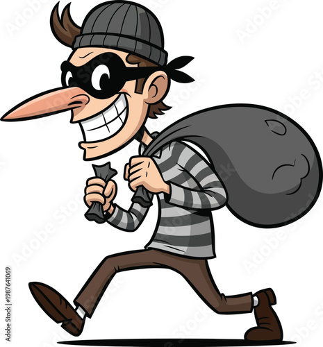 Cartoon burglar character running away with a loot bag.