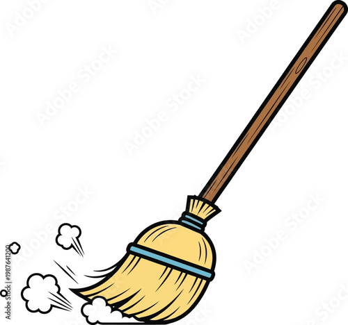 Cartoon illustration of a wooden broom sweeping dust.