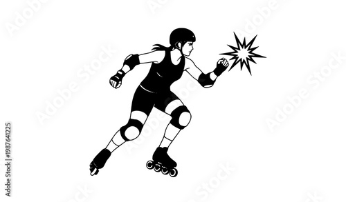 Black vector silhouette of a roller derby skater with protective gear and action starburst