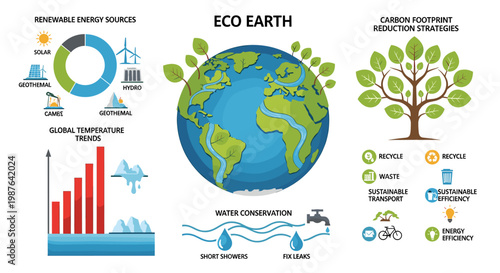 Infographic illustrating eco-friendly practices, renewable energy sources, global temperature trends, water conservation, and carbon footprint reduction strategies for a sustainable Earth.