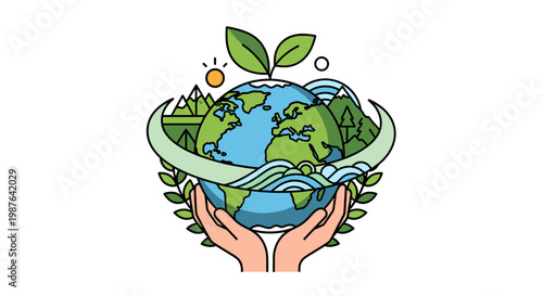 Hands cradling the Earth, symbolizing environmental protection and global sustainability with lush greenery and natural elements.
