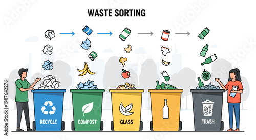 Illustration showing different bins for waste sorting: recycling, compost, glass, and trash, with people actively participating in waste disposal.