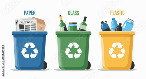 Three colorful recycling bins labeled Paper, Glass, and Plastic, each filled with corresponding recyclable materials, illustrating waste separation for environmental sustainability.