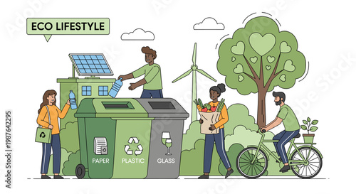 Diverse group of people promoting an eco-lifestyle, engaging in recycling, utilizing renewable energy sources like solar panels and wind turbines, and embracing sustainable transportation.