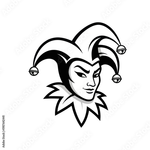 Jester Face Icon, Medieval Court Entertainer Symbol, Black and White Vector